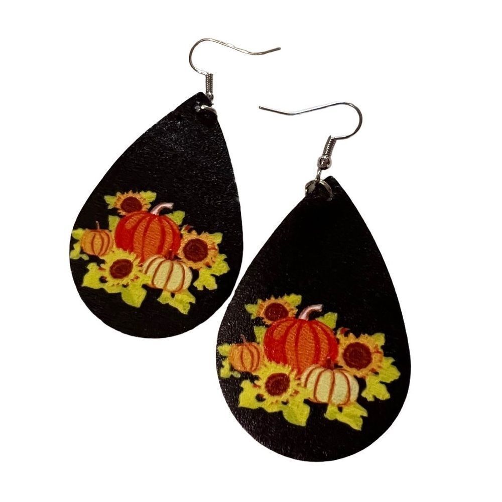 Sunflower and Pumpkins Leather Drop Shaped Earrings